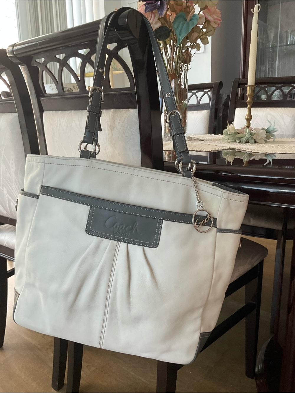 Coach White Leather Shoulder Tote with Gray Trim